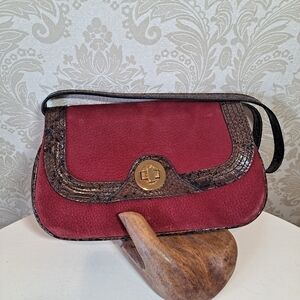 Metaphor Dark Red Suede Shoulder/Clutch Turnlock Brown Leather Trim